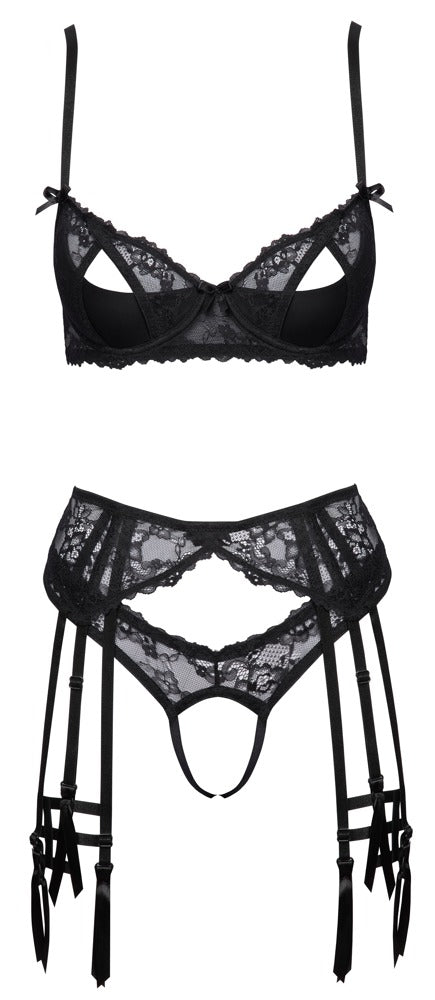 Cottelli LINGERIE Jarretel set met beugelbra - Zwart - Cottelli LINGERIE - SKU: 22153141231