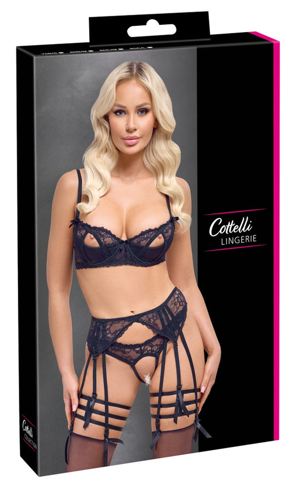 Cottelli LINGERIE Jarretel set met beugelbra - Zwart - Cottelli LINGERIE - SKU: 22153141231