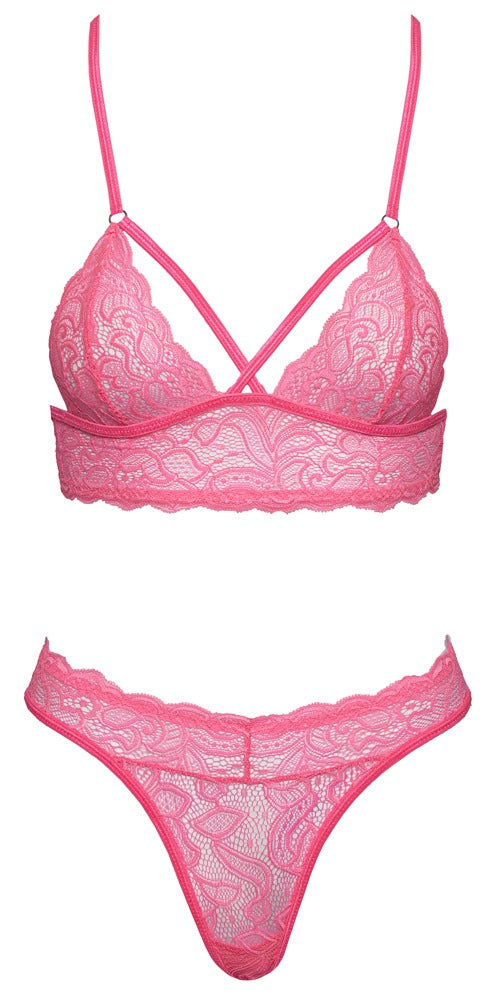 Bra halter met jarretels en thong - Roze
