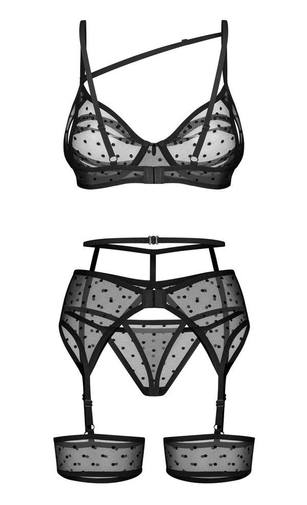 Jarretel set 3-delig met transparant stippenpatroon - Zwart - Obsessive - SKU: 22155511111