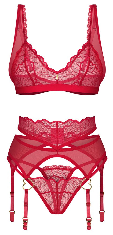 Jarretel set met beugelbeha en thong - Rood - Obsessive - SKU: 22155603131