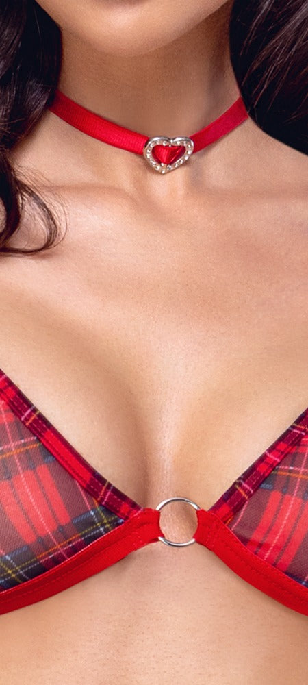 Jarretel set met draadloze beha en choker - Rood - Cottelli COSTUMES - SKU: 22156163021