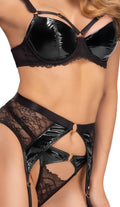 Cottelli LINGERIE Jarretel set met beugelbeha, kant en vinyl - Zwart