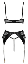 Cottelli LINGERIE Jarretel set met beugelbeha, kant en vinyl - Zwart