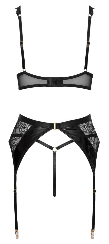 Cottelli LINGERIE Jarretel set met beugelbeha, kant en vinyl - Zwart