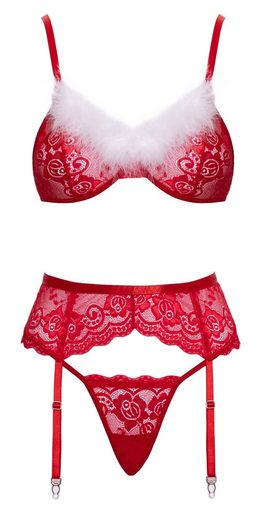 Jarretel set met bloemenkant en witte veren - Rood - Cottelli LINGERIE - SKU: 22156673111