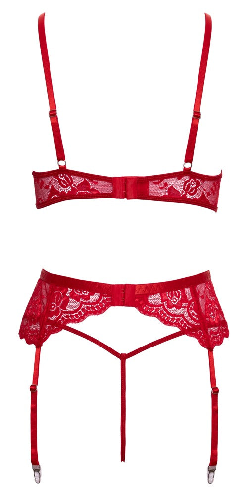 Jarretel set met bloemenkant en witte veren - Rood - Cottelli LINGERIE - SKU: 22156673111