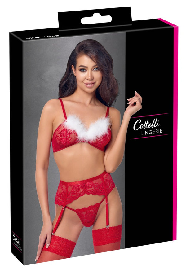 Jarretel set met bloemenkant en witte veren - Rood - Cottelli LINGERIE - SKU: 22156673111