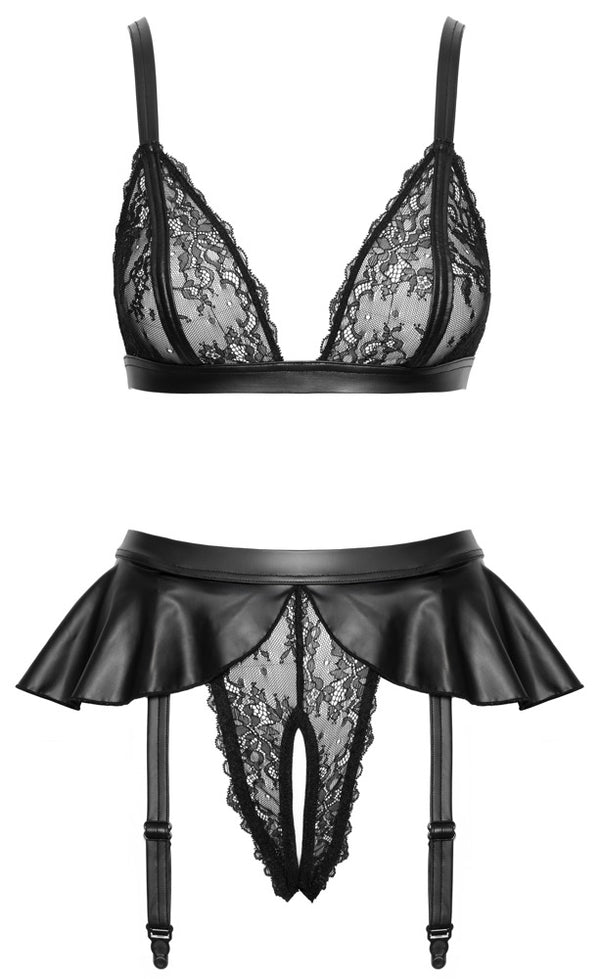 Jarretel set met draadloze beha en kruisloze slip - Zwart - Cottelli LINGERIE - SKU: 22156751021