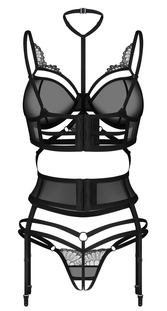 Jarretel set met beugelbeha en kruisloze string - Zwart - Obsessive - SKU: 22156831111