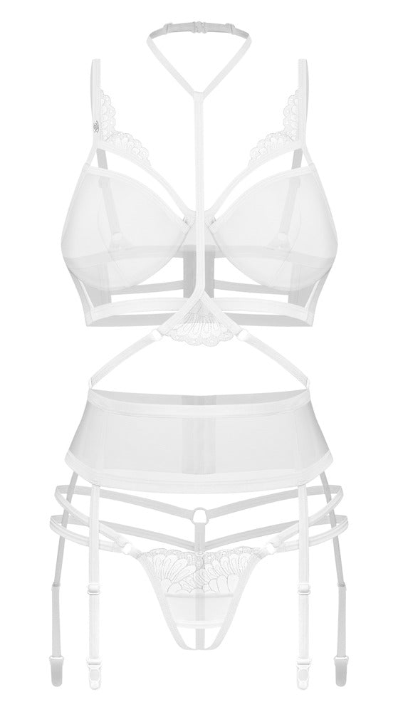 Jarretel set met beugelbeha en kruisloze string - Wit - Obsessive - SKU: 22156832111