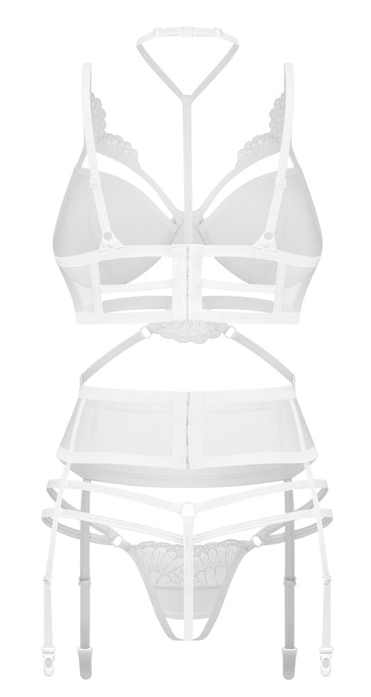 Jarretel set met beugelbeha en kruisloze string - Wit - Obsessive - SKU: 22156832111