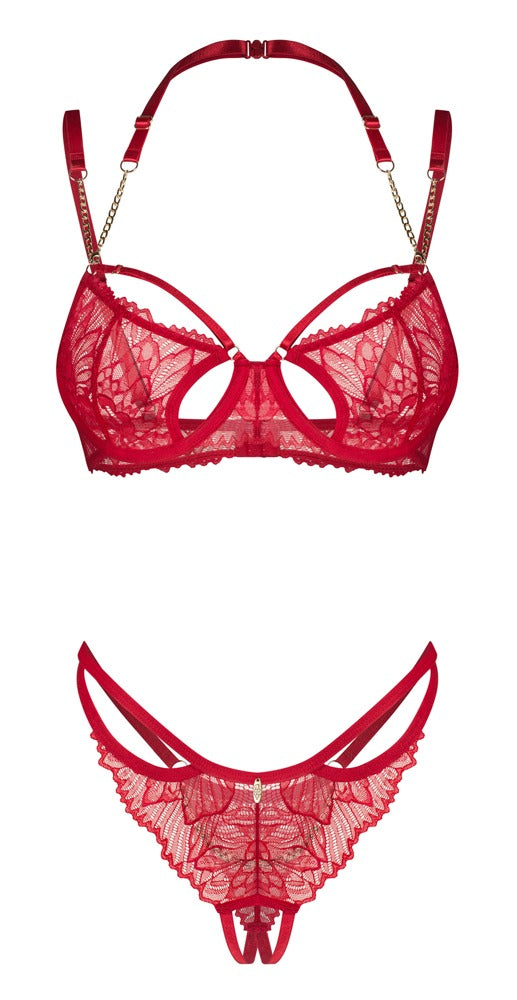 Beugelbeha met kruisloos thong en gouden details - Rood - Obsessive - SKU: 22156913111