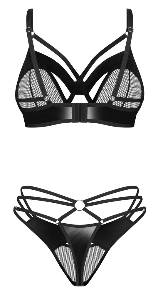 Beugelbeha met thong en jarretels - Zwart - Obsessive - SKU: 22157131111