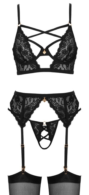 Cottelli LINGERIE Jarretel set met bloemenkant - Zwart