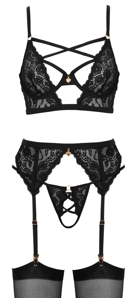 Cottelli LINGERIE Jarretel set met bloemenkant - Zwart