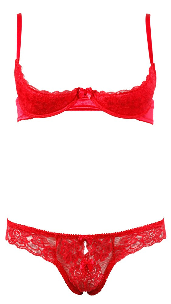 Cottelli LINGERIE Half cup set satijn met kant - Rood - Cottelli LINGERIE - SKU: 22201993231