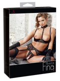 Abierta Fina Jarretel set met beugelbeha, kruisloze string & fetish gespen - Zwart