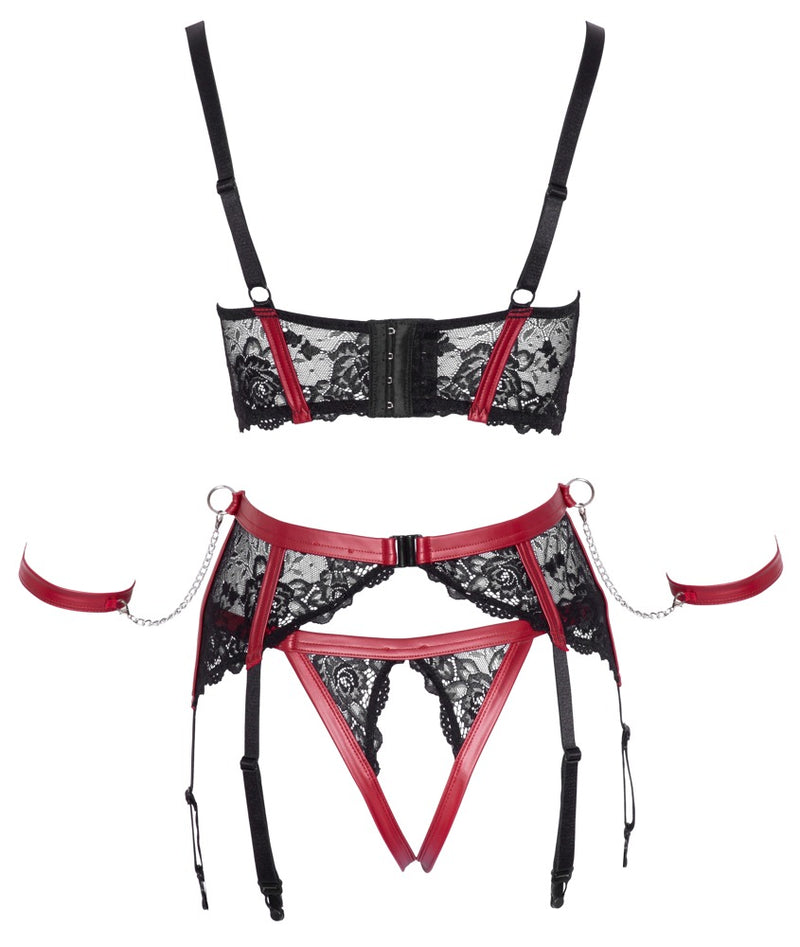 Cottelli BONDAGE Jarretel set met plateau bra en kruisloos string - Zwart