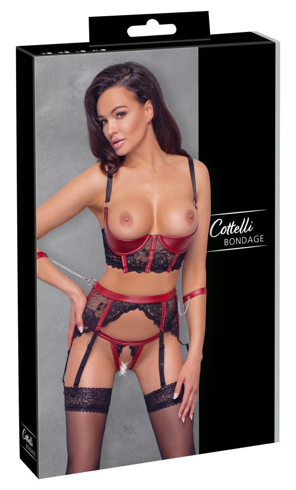 Cottelli BONDAGE Jarretel set met plateau bra en kruisloos string - Zwart