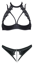 Cottelli LINGERIE Beugelplank bra set met borduurwerk en jarretels - Zwart