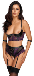 Cottelli BONDAGE Jarretel set met longline bra en polsmanchetten - Zwart
