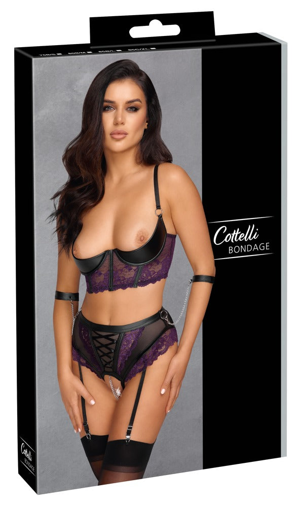 Cottelli BONDAGE Jarretel set met longline bra en polsmanchetten - Zwart - Cottelli BONDAGE - SKU: 22213221231