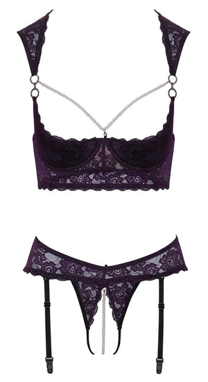 Longline beugelbeha met jarretel thong - Paars
