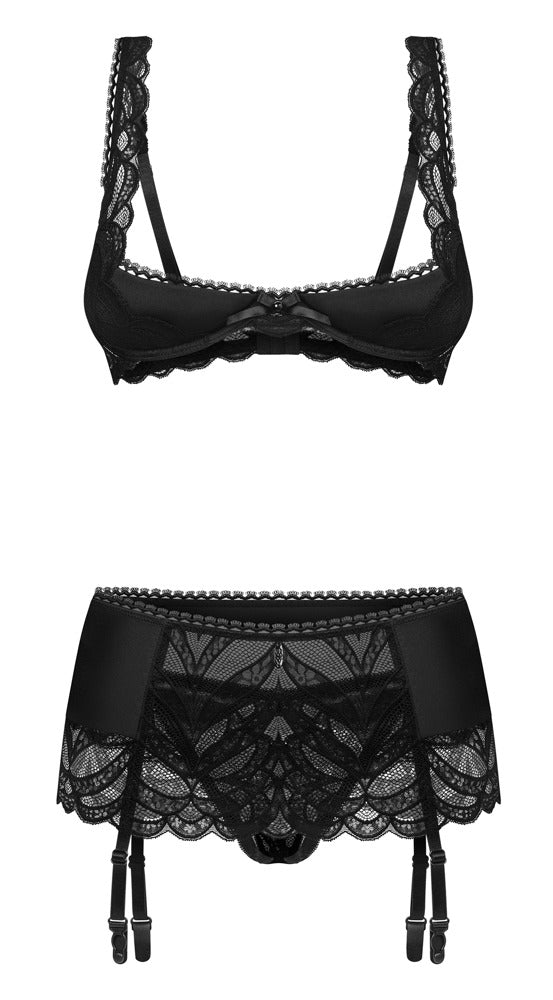 Set beugellegging bra, jarretel riem & kruisloze slip - Zwart - Obsessive - SKU: 22216401111