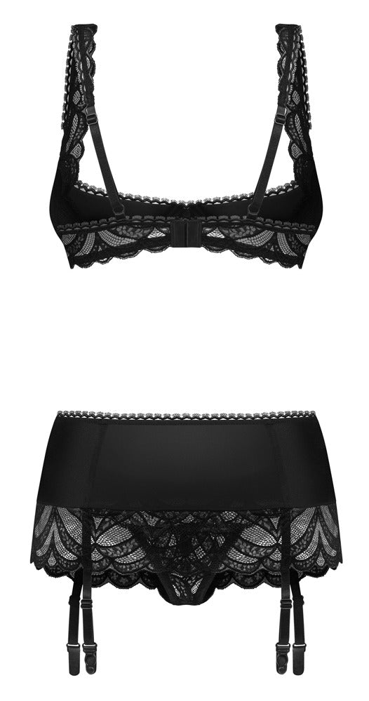 Set beugellegging bra, jarretel riem & kruisloze slip - Zwart - Obsessive - SKU: 22216401111