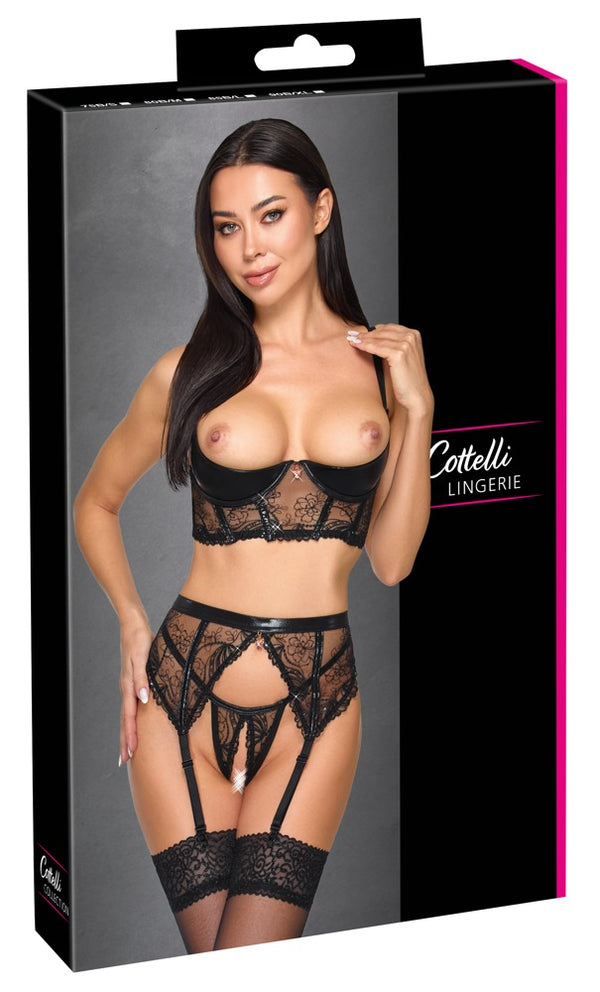Cottelli LINGERIE jarretel set met open kruis - Zwart - Cottelli LINGERIE - SKU: 22216671231