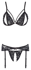 Cottelli LINGERIE Jarretel set met bloemenkant en split cups - Zwart