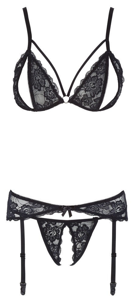 Cottelli LINGERIE Jarretel set met bloemenkant en split cups - Zwart