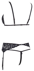 Cottelli LINGERIE Jarretel set met bloemenkant en split cups - Zwart