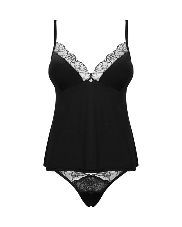 Obsessive Top met borduurwerk en bijpassende slip - Zwart - Obsessive - SKU: 22512641121