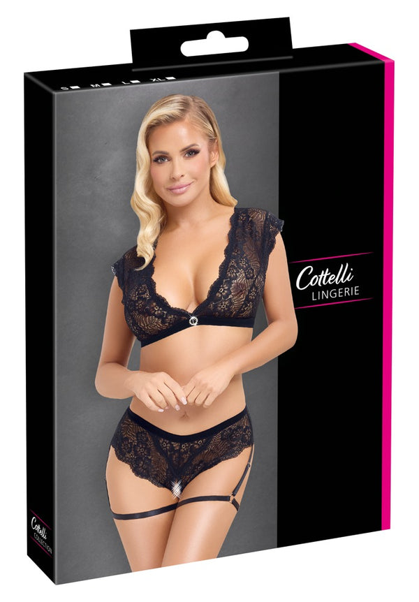 Jarretel set met kruisloze slip - Zwart - Cottelli LINGERIE - SKU: 22512801021