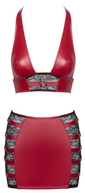 Wetlook set met haltertop en minirok - Rood