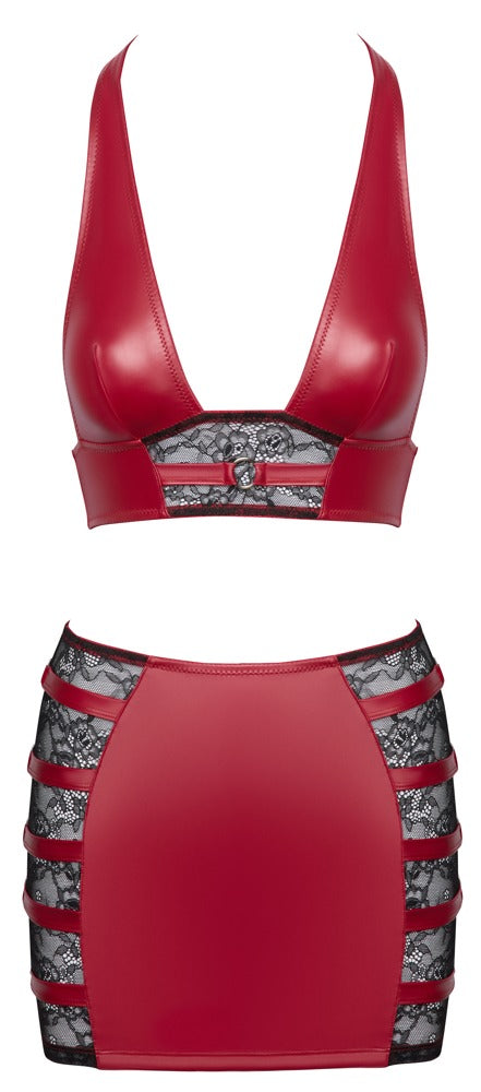 Wetlook set met haltertop en minirok - Rood - Cottelli PARTY - SKU: 22512993021