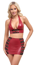 Wetlook set met haltertop en minirok - Rood
