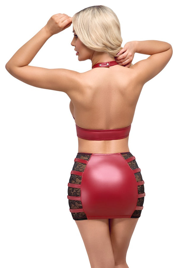 Wetlook set met haltertop en minirok - Rood - Cottelli PARTY - SKU: 22512993021