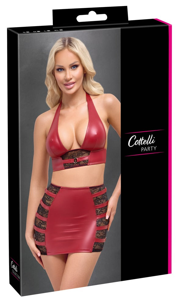 Wetlook set met haltertop en minirok - Rood - Cottelli PARTY - SKU: 22512993021