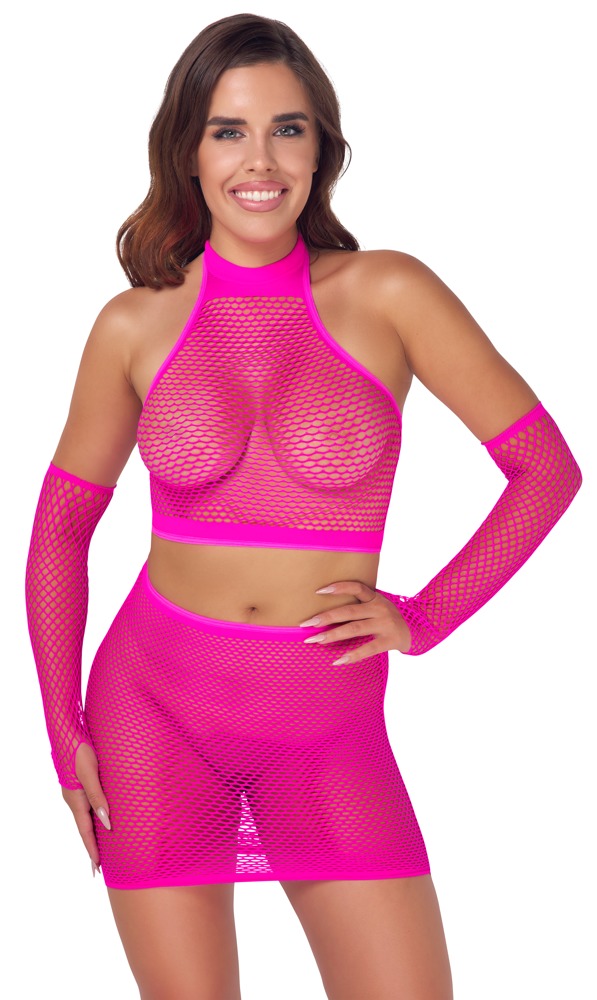 Net set met crop top en armkousen - Roze - Fantasy by Cottelli - SKU: 22513883101