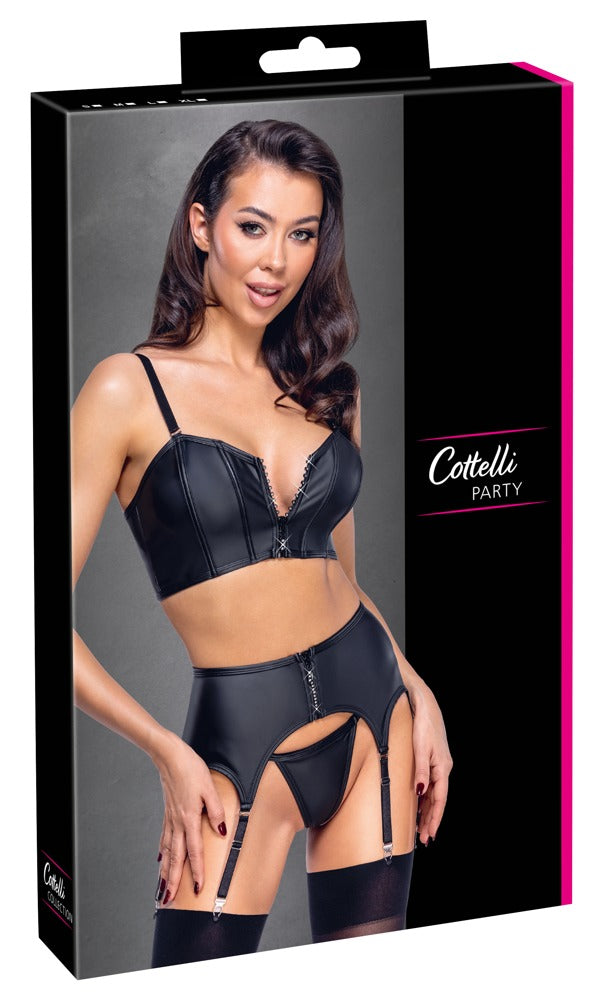 Jarretel set met korset top en fonkelende ritsen - Zwart - Cottelli PARTY - SKU: 22514501021