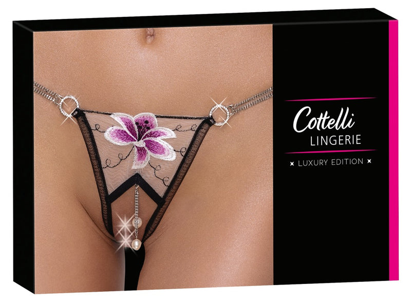 Cottelli LINGERIE String kruisloos met parelkettingen - Zwart