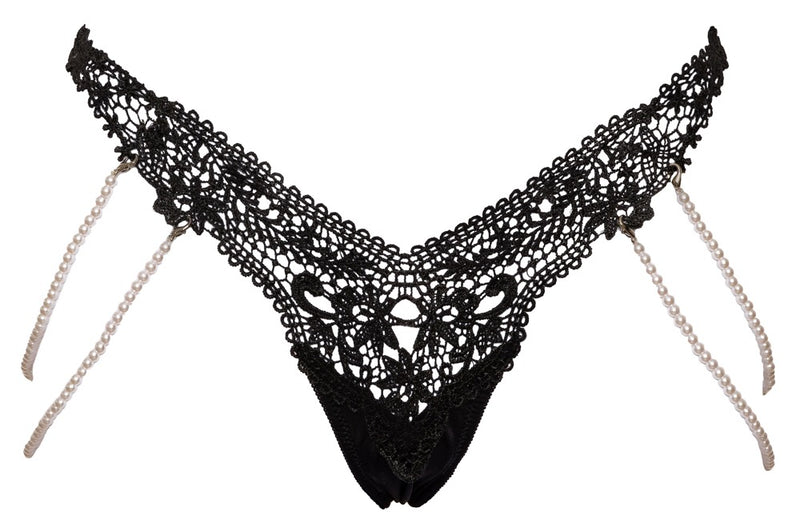 Cottelli LINGERIE String met geborduurd kant en parelkettingen - Zwart