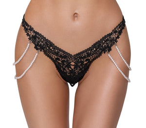 Cottelli LINGERIE String met geborduurd kant en parelkettingen - Zwart