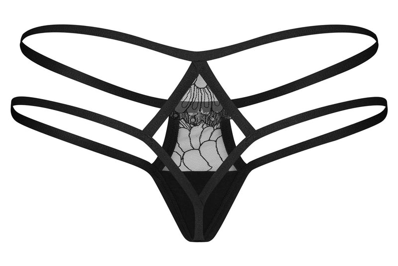 Thong met kant en decoratief detail - Zwart