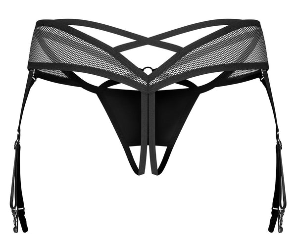 Jarretel string kruisloos met wetlook - Zwart - Obsessive - SKU: 23230011111