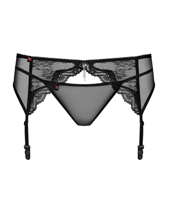 Obsessive Jarretelgordel met thong en fleurig kant - Zwart - Obsessive - SKU: 23404021061
