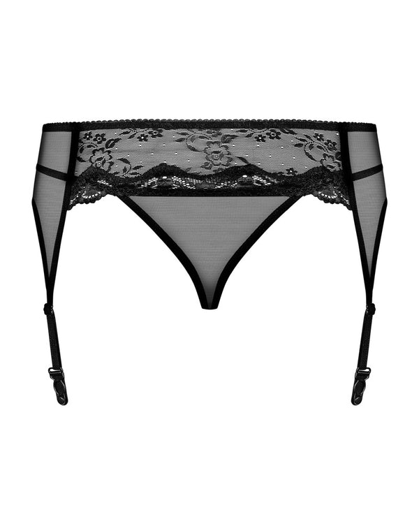 Obsessive Jarretelgordel met thong en fleurig kant - Zwart - Obsessive - SKU: 23404021061